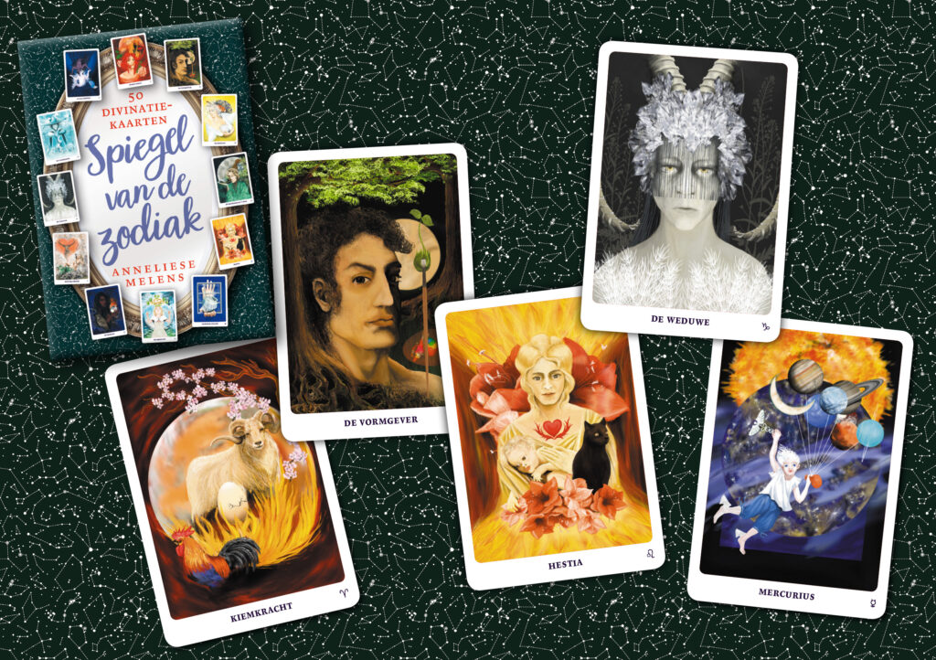 voorbeelden van enkele kaarten uit spiegel van de zodiak: kiemkracht, de vormgever, hestia, de weduwe, mercurius